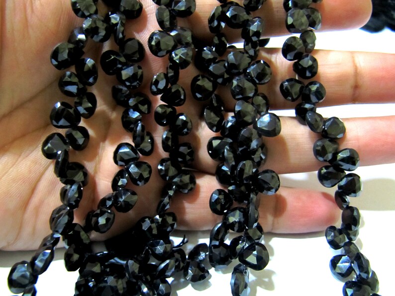 Natural Black Spinel heart Shape Briolette Faceted 8 to 10mm Gemstone beads 8 inches