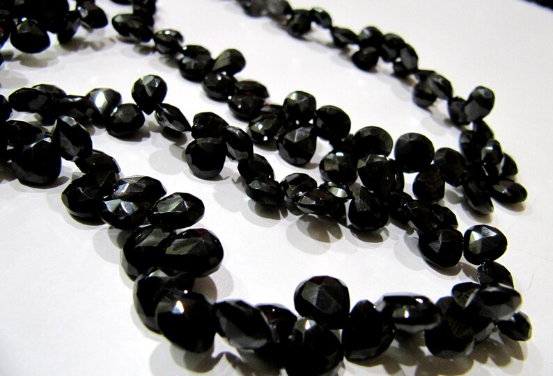 Natural Black Spinel heart Shape Briolette Faceted 8 to 10mm Gemstone beads 8 inches