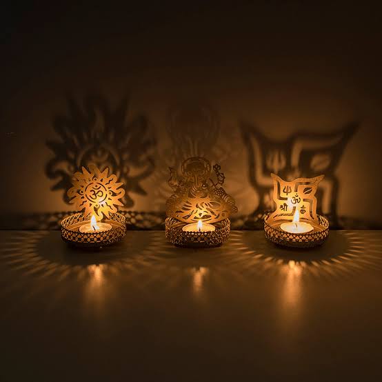 Ganesh Sathiya Om Tealight Set - Metal, 7x7x8 Cm, Customizable Color & Finish, Spiritual Decorative
