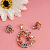 Ladies Gold Pendant Set - Yellow Gold, Floral Pendant, Cz Stones | Handcrafted, Nickel-free, Push-back Earrings, Glossy Finish