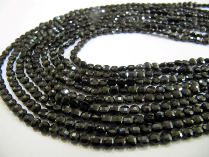 Natural Black Spinel Faceted Coin Beads Size 4mm Micro Size Strand 13 Inches Long