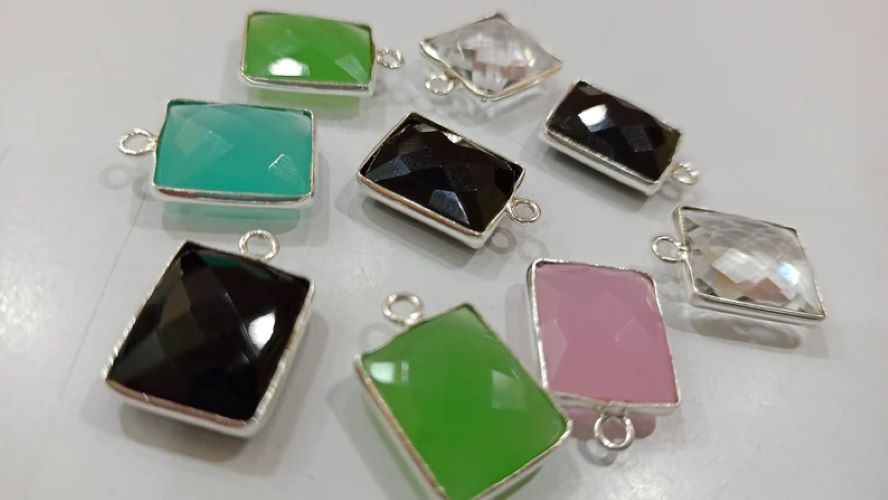 Natural Multi Gemstone Rectangle Shape 12x14mm Single Loop Bezel Connector Charms