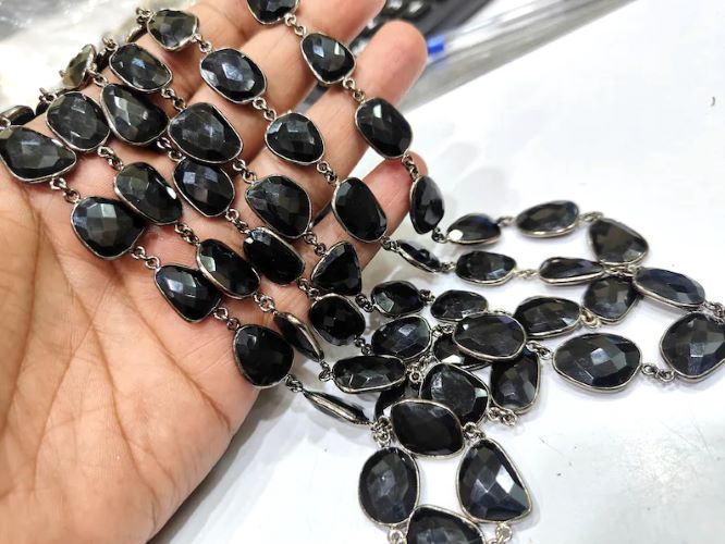 Natural Black Spinel Free Shape Briolette Faceted Bezel Connector Chain 15to20mm