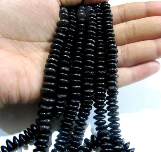 Natural Black Spinel German Cut Rondelle Smooth Beads 7 to 10mm Graduated Strand 8 inches Long