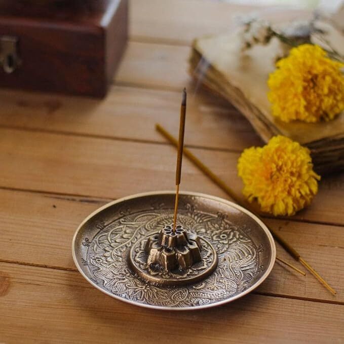 Handcrafted Brass Embossed Incense Burner Stick Holder Bowl Traditional Design for Aromatherapy