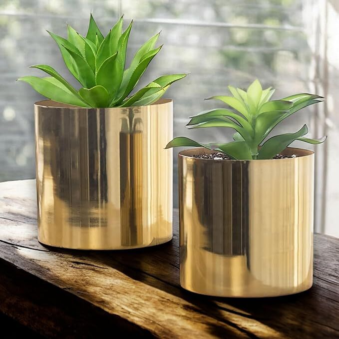 Round Handmade Shiny Brass Tone Metal Plant Pot Covers, Decorative Indoor Tabletop Houseplant Planter