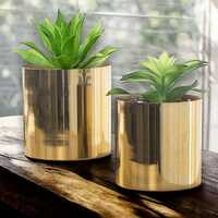 Round Handmade Shiny Brass Tone Metal Plant Pot Covers, Decorative Indoor Tabletop Houseplant Planter