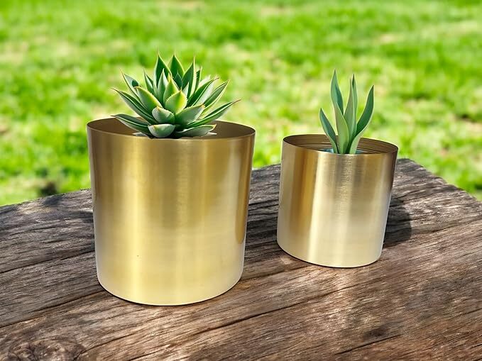 Round Handmade Shiny Brass Tone Metal Plant Pot Covers Decorative Indoor Tabletop Houseplant Planter