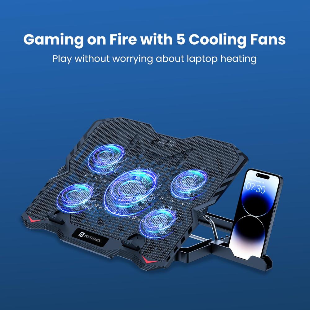 Portronics My Buddy Air 3 Laptop Cooling Pad with 5 Cooling Fans, Multi-Level Height Adjustable,