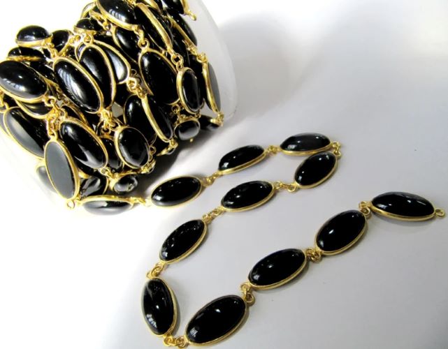 Natural Black Spinel Oval Shape Plain Smooth 8x15mm Bezel Cabochon Connector Chain Sold Per Foot