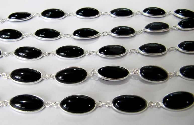Natural Black Spinel Oval Shape Plain Smooth 8x15mm Bezel Cabochon Connector Chain Sold Per Foot