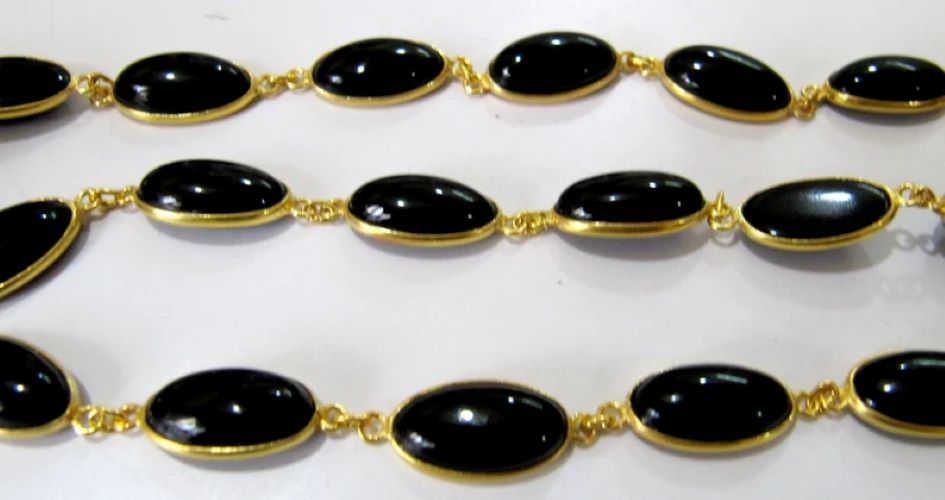 Natural Black Spinel Oval Shape Plain Smooth 8x15mm Bezel Cabochon Connector Chain Sold Per Foot