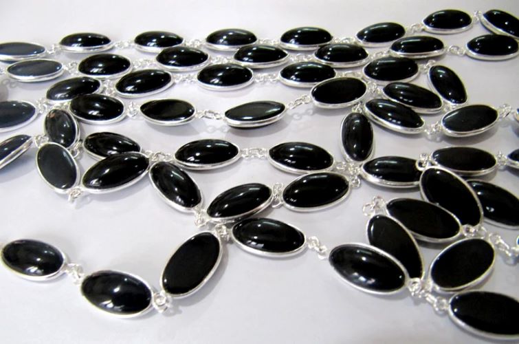 Natural Black Spinel Oval Shape Plain Smooth 8x15mm Bezel Cabochon Connector Chain Sold Per Foot