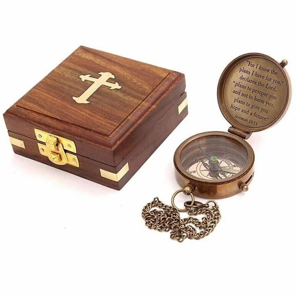 2 Inch Brass Compass With Wooden Box Hiking Camping Nautical Engraved