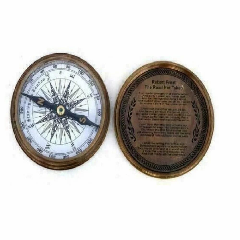 Nautical Antique Maritime Brass Compass Robert Frost Poem Compass