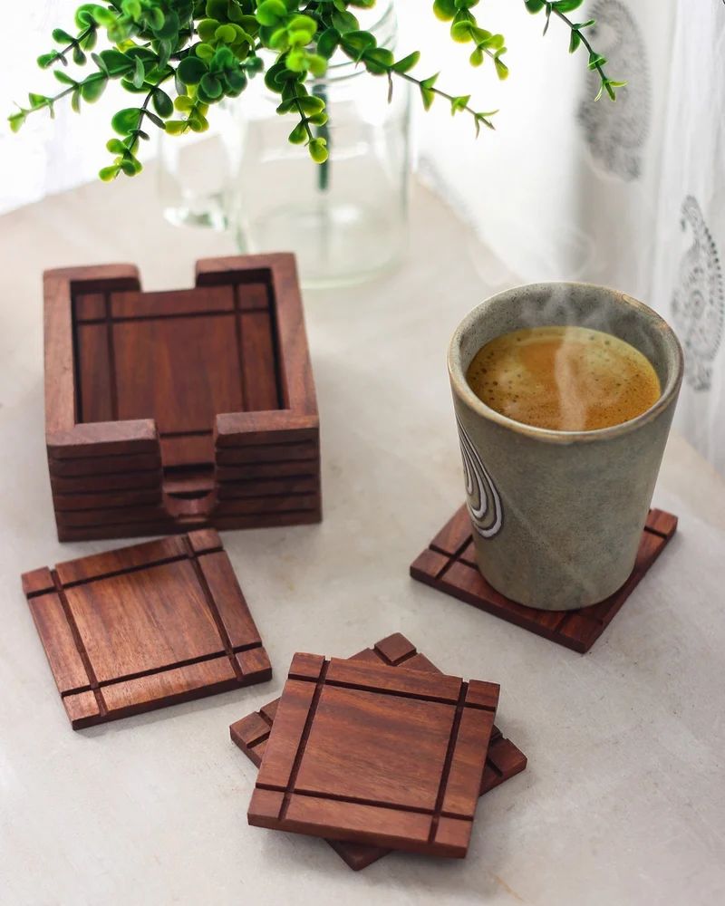 Wooden Bar Coaster Tea Coffee Mug Tabletop Barware Drink Set