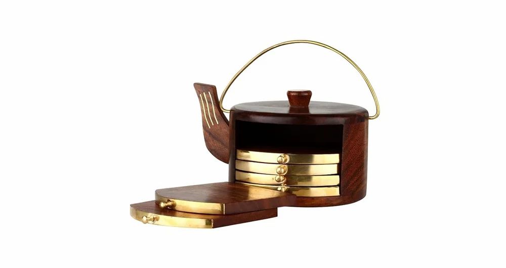 Wood Brass Wooden Kettle Shaped Embedded Design Coasters