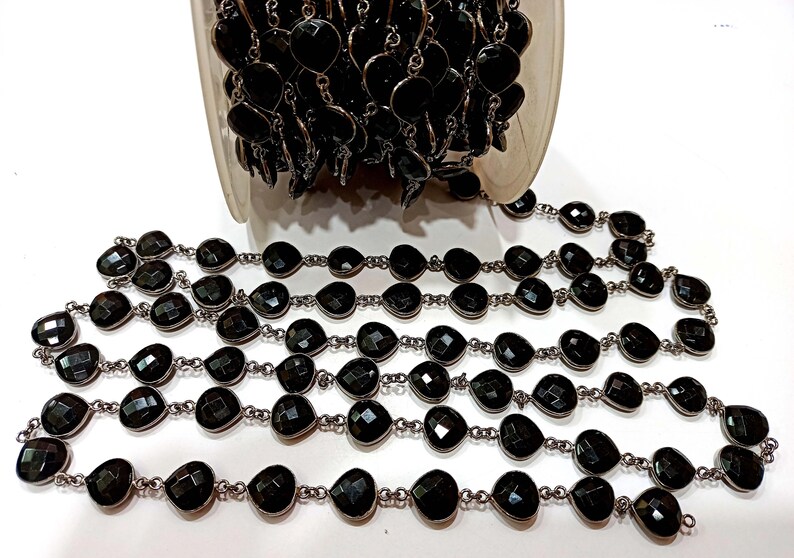 Natural Black Onyx Heart Shape Briolette Faceted 12mm Bezel Connector Chain
