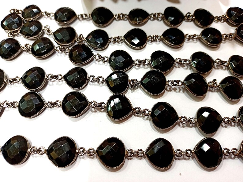 Natural Black Onyx Heart Shape Briolette Faceted 12mm Bezel Connector Chain
