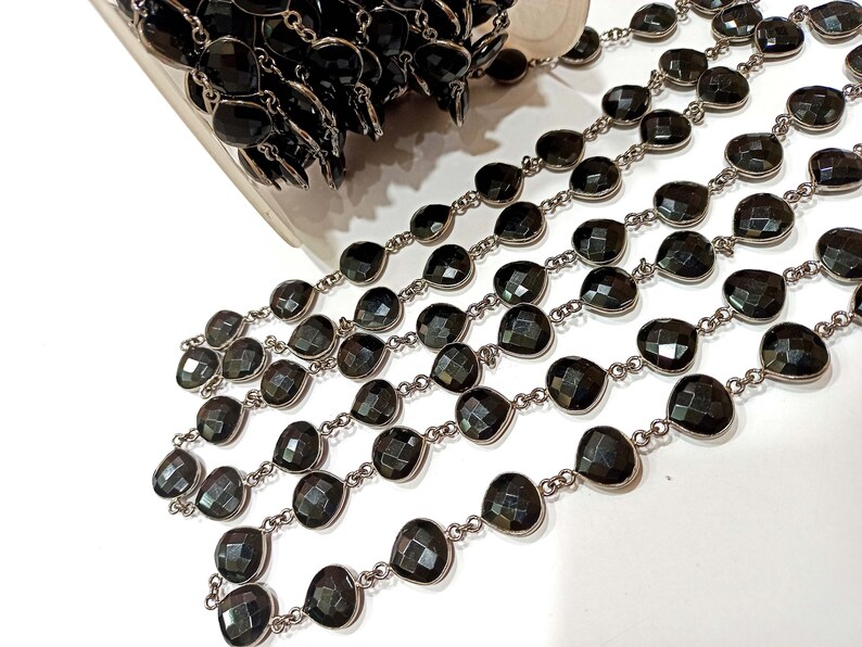 Natural Black Onyx Heart Shape Briolette Faceted 12mm Bezel Connector Chain