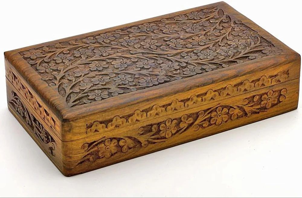 Wooden Box 8x11x3.6 inch, Hand Carved Flowers & Vines Design