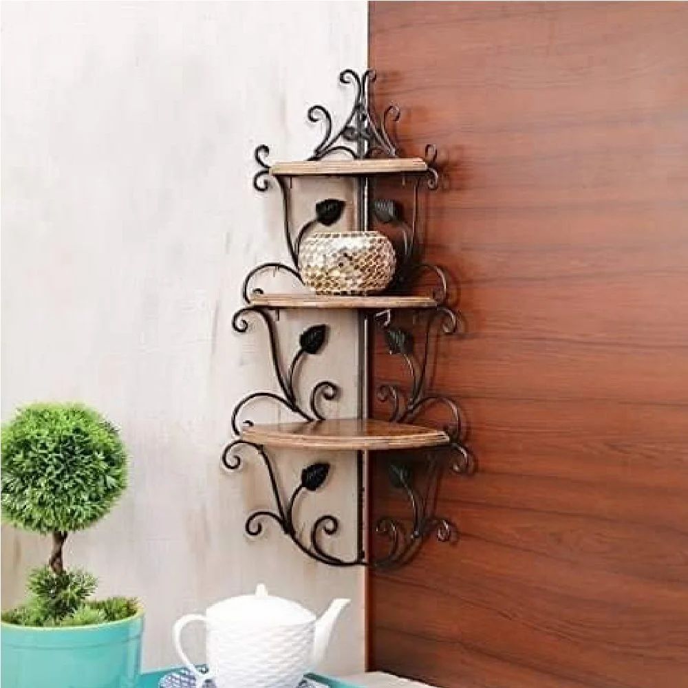 Wood And Iron Crafted Multipurpose Kitchen And Book Wall Rack Shelf