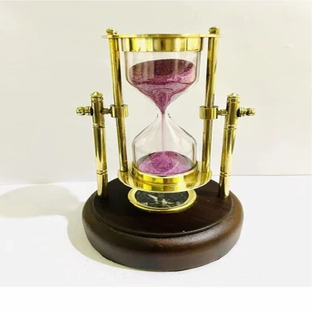 Brass Sand Timer With Compass On Wooden Base Hour Glass