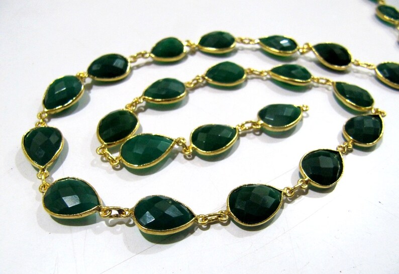 3 Feet-Natural Green Onyx Pear Shape Briolette Faceted Bezel Connector Chain 10x15mm