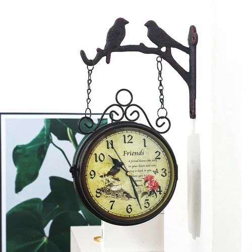Double-Side Round Wall Clock Battery Powered Train Station Side Mount