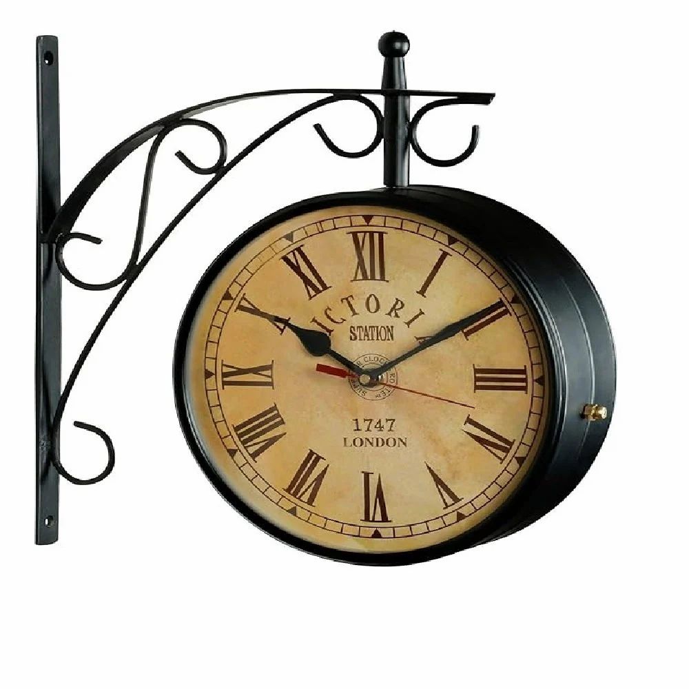 Metal Analog Vintage Railway Station Antique Style Double Sided Wall Clock (Black) 