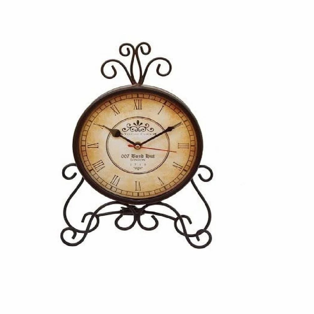 Analog Metal Circular Table Clock Antique Clock with Stand for Home, Office