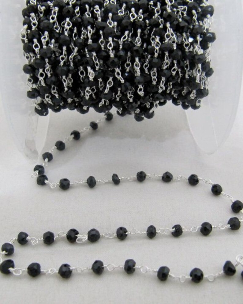 3 Ft- Black Spinel Beaded Rosary Chain Hydro Quartz Rondelle Faceted 3-4mm Black Onyx