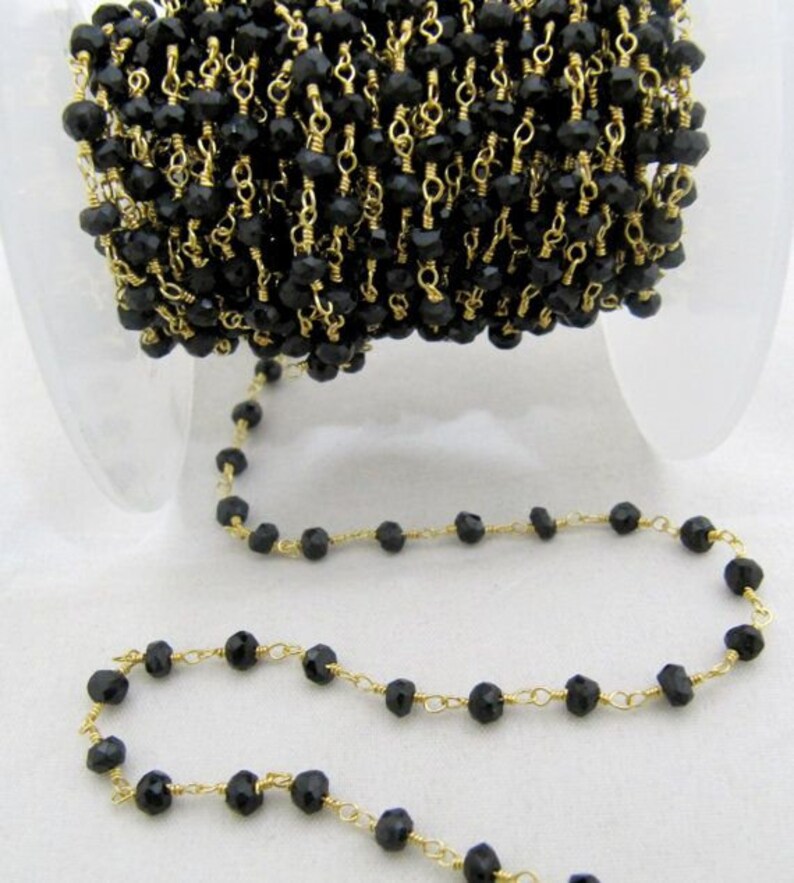 3 Ft- Black Spinel Beaded Rosary Chain Hydro Quartz Rondelle Faceted 3-4mm Black Onyx