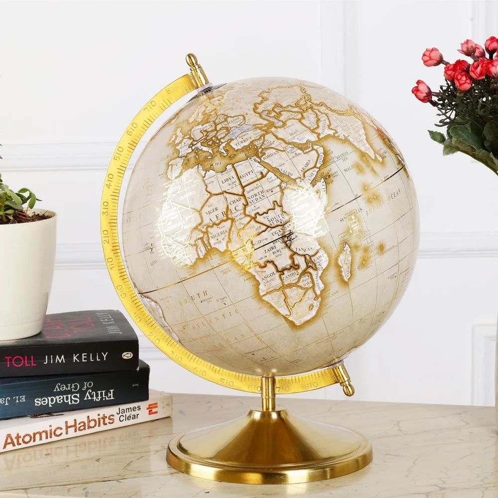 Antique Home Decor Gold Foil World Map Grey Big Globe Dia-10 Inch