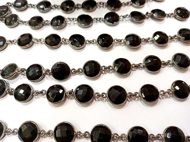 Natural Black Onyx Round Coin Shape Briolette Faceted 12mm Bezel Connector Chain