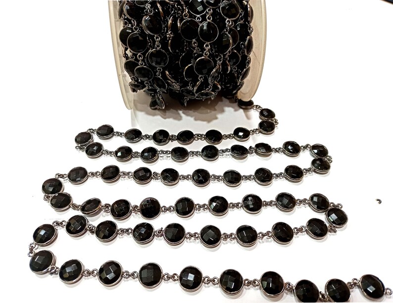 Natural Black Onyx Round Coin Shape Briolette Faceted 12mm Bezel Connector Chain