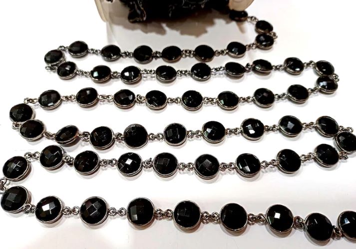 Natural Black Onyx Round Coin Shape Briolette Faceted 12mm Bezel Connector Chain