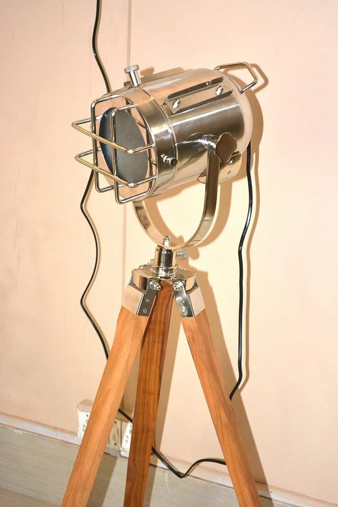 Floor Spotlight Wooden Tripod Chrome Finish Search Light