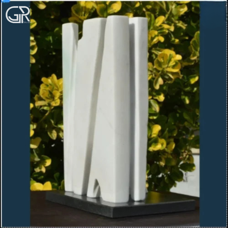 Stone Marble Sculptures - Makrana Marble 2 Ft White, Hand Carved, Abstract Art, Rectangular Base, Matte Finish, Free Standing