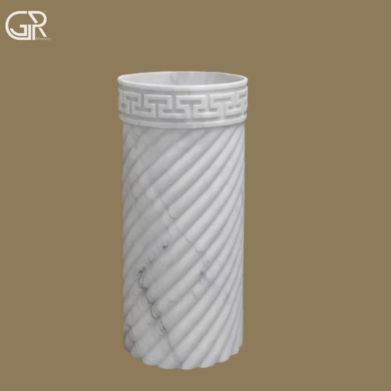 Pedestal Marble Wash Basin - Marble, 350x350 Mm, White, Polished Finish, Floor Mounted, Round Basin