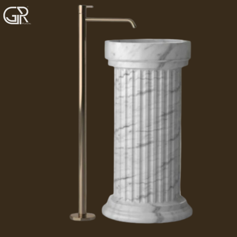 white Marble Damru Shape Pedestal Wash Basin