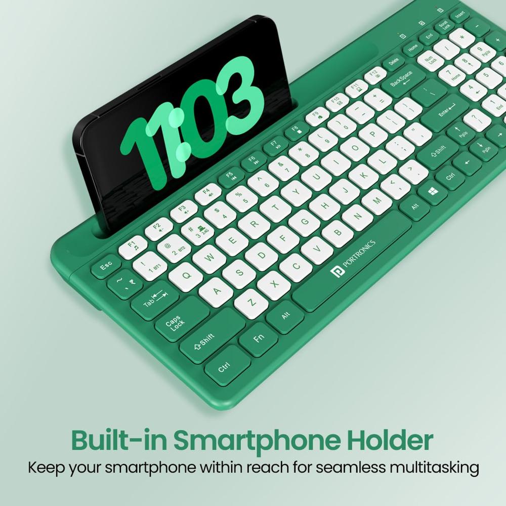 Portronics Bubble Square Wireless Keyboard with Bluetooth + 2.4 GHz USB Receiver (Dual Connectivity), Pair 3 Devices Max,