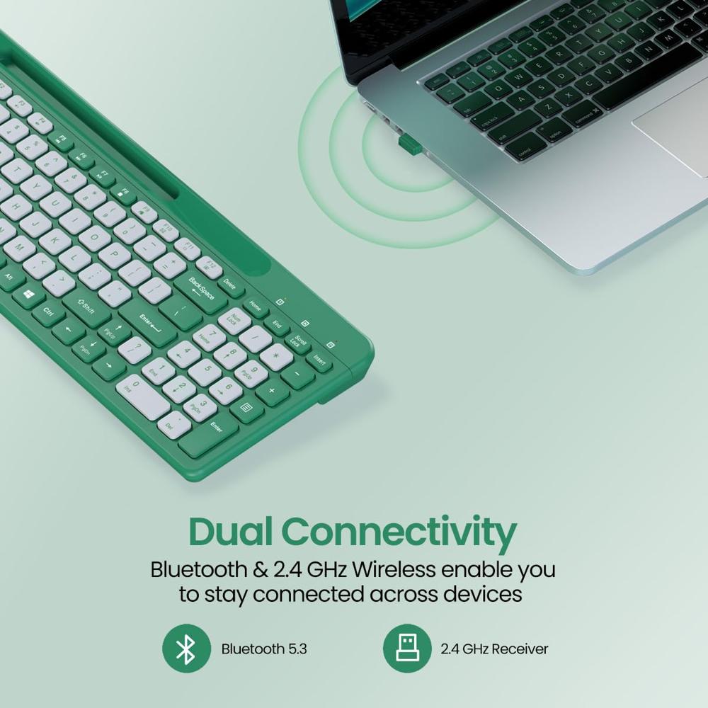Portronics Bubble Square Wireless Keyboard with Bluetooth + 2.4 GHz USB Receiver (Dual Connectivity), Pair 3 Devices Max,