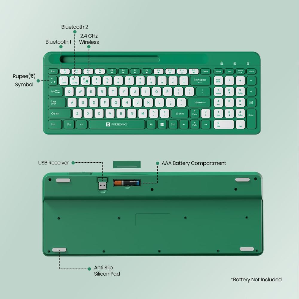 Portronics Bubble Square Wireless Keyboard with Bluetooth + 2.4 GHz USB Receiver (Dual Connectivity), Pair 3 Devices Max,