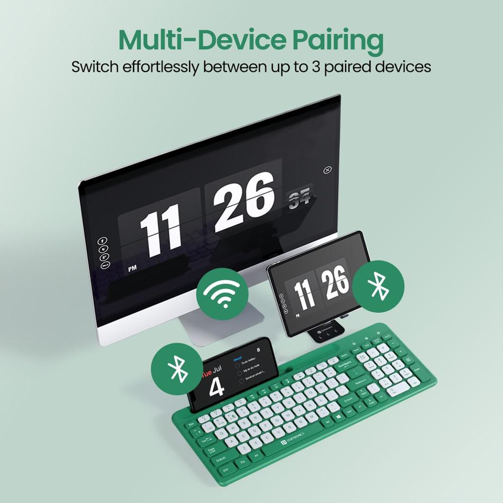 Portronics Bubble Square Wireless Keyboard with Bluetooth + 2.4 GHz USB Receiver (Dual Connectivity), Pair 3 Devices Max,