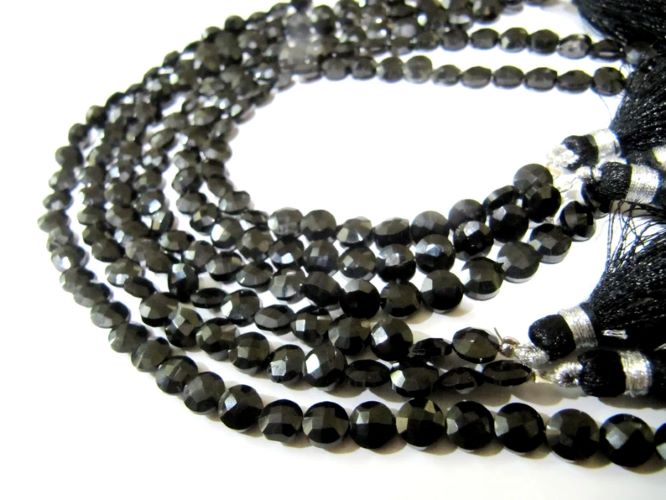 Natural Black Spinel Round Coin shape Faceted Beads 4mm Strand 8 inches Long