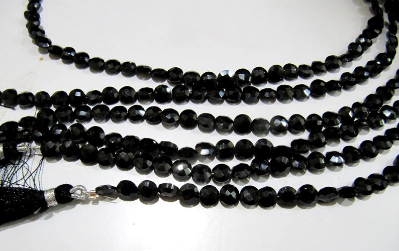 Natural Black Spinel Round Coin shape Faceted Beads 4mm Strand 8 inches Long