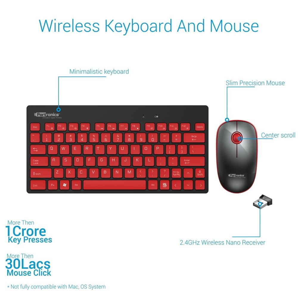 Portronics Key2 Combo Wireless Keyboard and Mouse Set, with 2.4 GHz USB Receiver, Silent Keystrokes, 1200 DPI