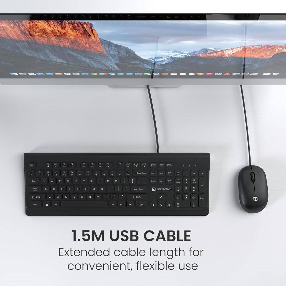 Portronics Keytonic Keyboard And Mouse Combo With Usb Cable, 12 Function - Color: Black