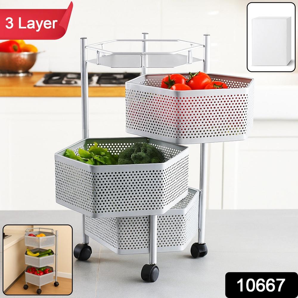 Premium 3-Layer Hexagon Kitchen Storage Trolley With Wheels (1 Pc) - Color: Mix